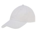 A white baseball cap rests at an angle showcasing its curved brim and smooth fabric surface in a neutral background highlighting its simple design and casual style.