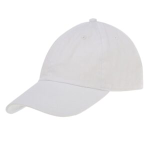A white baseball cap rests at an angle showcasing its curved brim and smooth fabric surface in a neutral background highlighting its simple design and casual style.