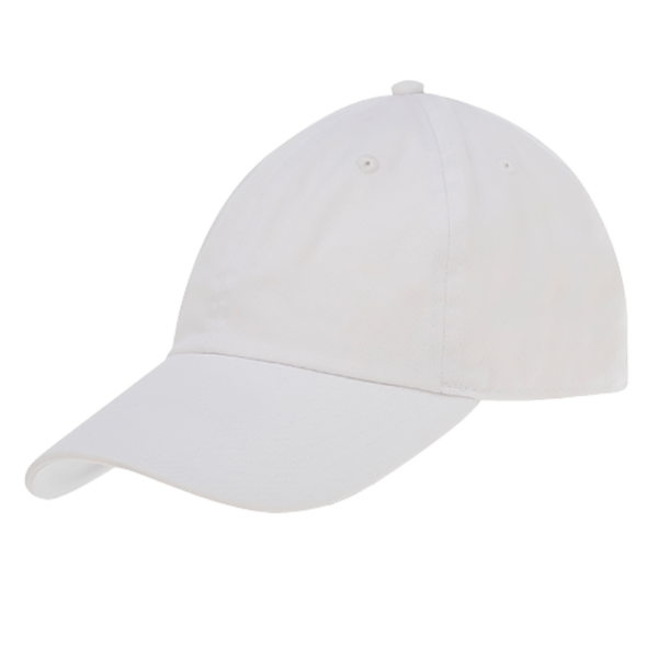 A white baseball cap sits on a flat surface showcasing its curved brim and structured crown designed for casual wear in outdoor settings.