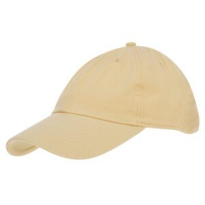 A yellow baseball cap is positioned at an angle showcasing its curved brim and soft fabric texture in a plain white background emphasizing the cap's design and color.