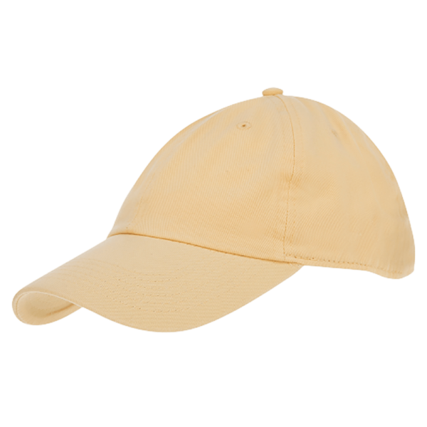 A yellow baseball cap rests on its side showcasing its curved brim and structured crown against a plain black background creating a focus on the cap's design.