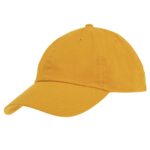 A bright yellow baseball cap lies to the side showcasing its curved brim and structured crown designed for sun protection and casual wear suitable for outdoor activities.