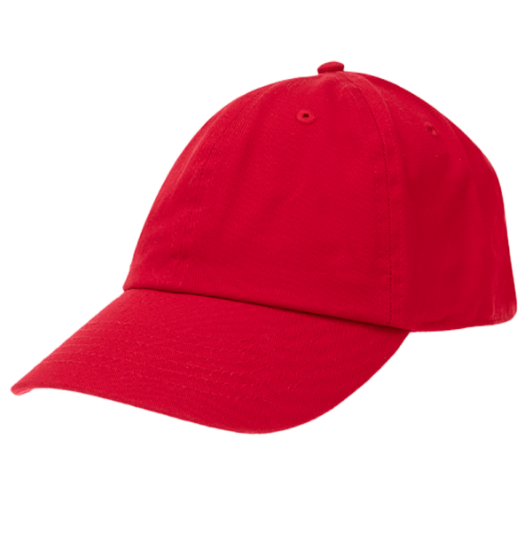 A red baseball cap is positioned slightly tilted with its brim extending outward it is displayed against a plain black background highlighting its color and shape