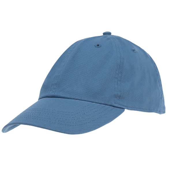 A blue baseball cap is positioned at an angle with the brim extending outward while the smooth fabric glistens subtly against a plain black background.