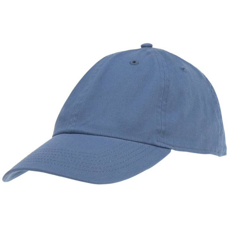 HT0003_0283_01 A blue baseball cap sits upright showing its rounded crown and protruding visor in a simple and plain design without visible logos or embellishments suitable for casual wear.
