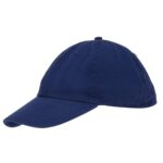 A navy blue baseball cap rests on a surface showcasing a curved visor and six-panel design. The setting is neutral and unobtrusive  emphasizing the cap's simple style.