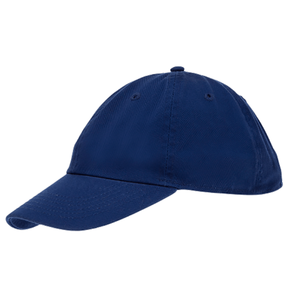A navy blue cap rests on its side showcasing a curved visor and structured crown in a simple design with no visible text or logos in an isolated setting.