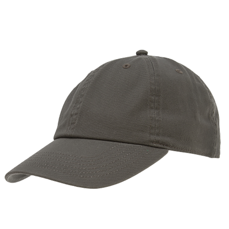 HT0003_0384_01 A gray baseball cap rests with its brim forward in a neutral setting displaying a simple design intended for casual wear and sun protection.