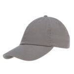 A gray baseball cap rests on a flat surface with its curved brim facing forward showcasing a simple design and smooth fabric texture in a neutral setting.