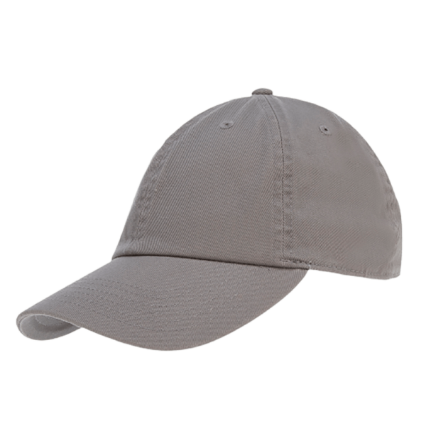 A gray baseball cap is positioned at an angle showcasing its curved brim and structured crown in a plain background emphasizing the cap's simple design without distractions.