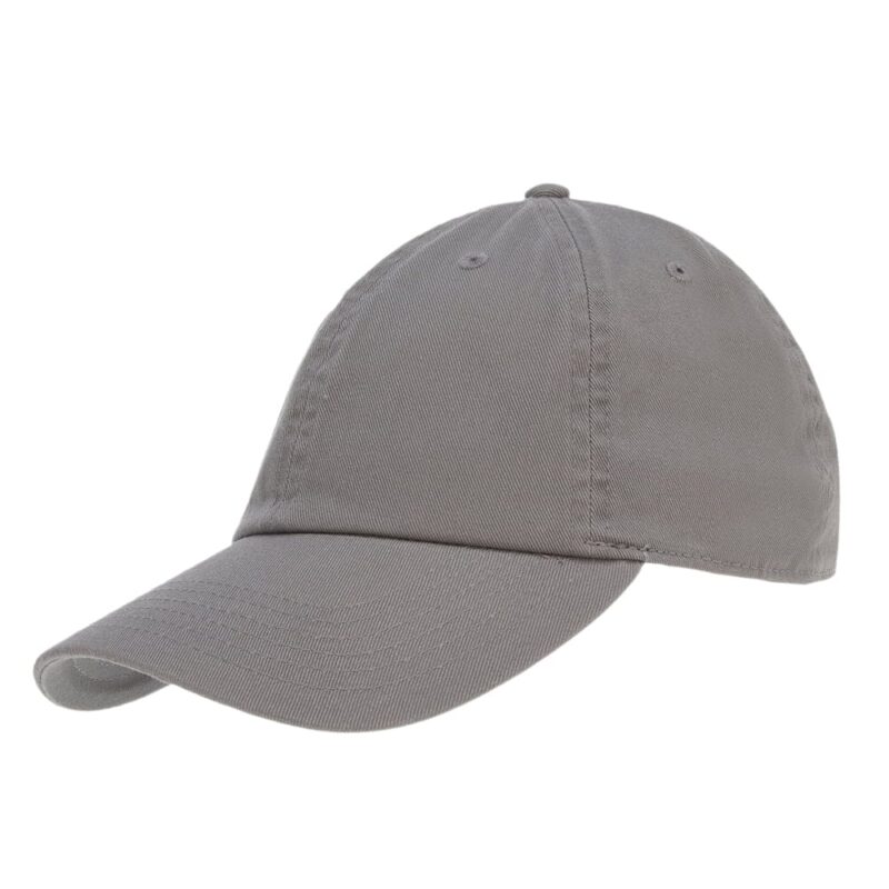 A gray baseball cap rests on a flat surface with its curved brim facing forward showcasing a simple design and smooth fabric texture in a neutral setting.