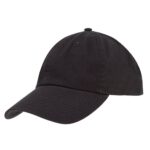 A black baseball cap is positioned at an angle showcasing its curved brim and structured crown in a plain light background emphasizing its simplicity and casual style.