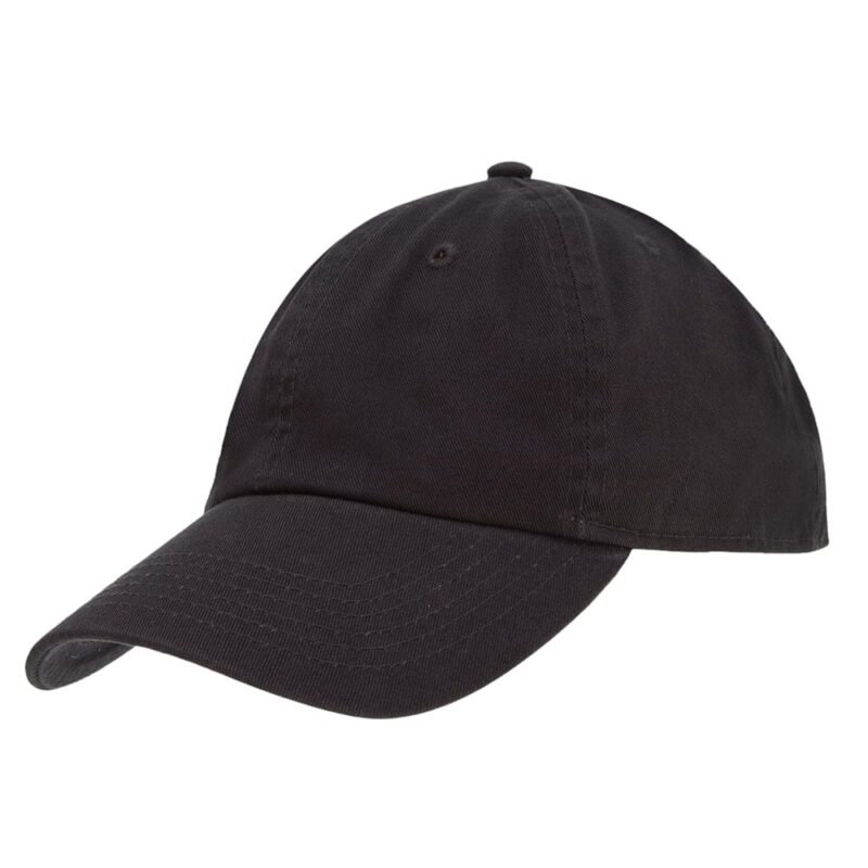 A black baseball cap is positioned at an angle showcasing its curved brim and structured crown in a plain light background emphasizing its simplicity and casual style.