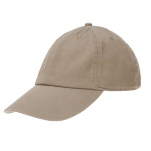 A beige baseball cap sits at an angle with the brim extending outward showing a simple and casual design commonly used for outdoor activities or casual wear.