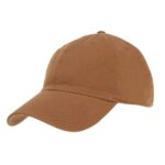 A brown baseball cap sits prominently with a rounded crown and a curved brim showcasing a simple design suitable for casual wear in outdoor environments.