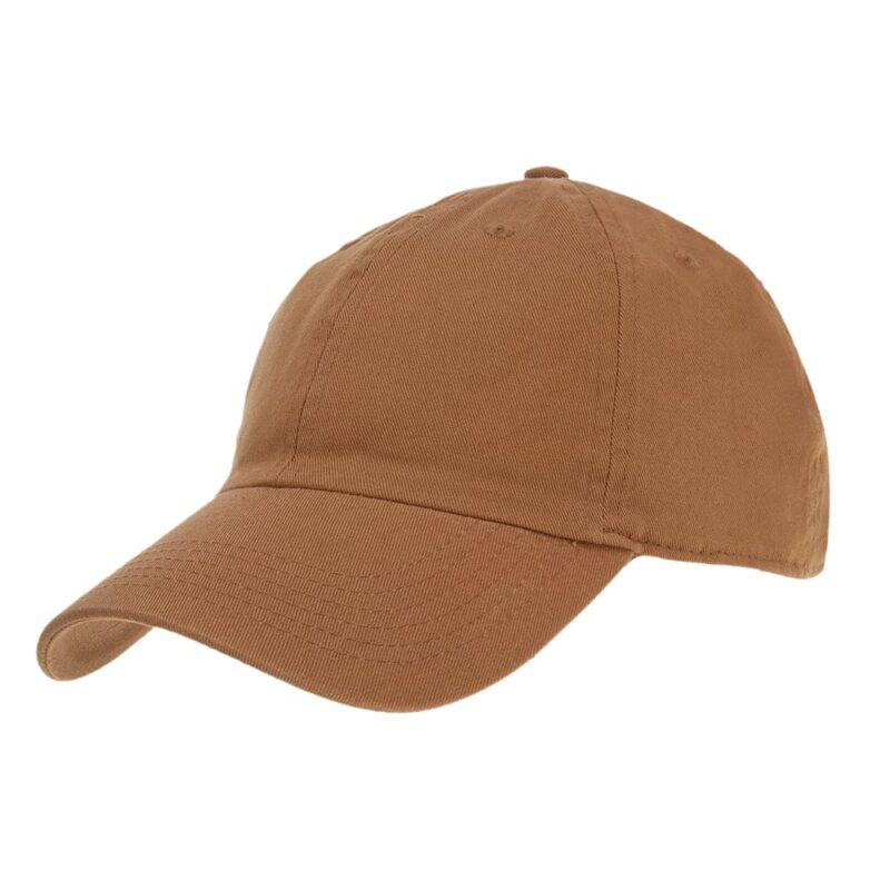 A brown baseball cap sits prominently with a rounded crown and a curved brim showcasing a simple design suitable for casual wear in outdoor environments.