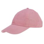 A pink baseball cap is positioned sideways with its curved brim extending outward in a neutral setting showcasing its fabric texture and casual design without any additional context.