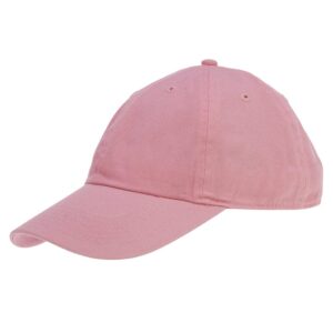 A pink baseball cap is positioned sideways with its curved brim extending outward in a neutral setting showcasing its fabric texture and casual design without any additional context.