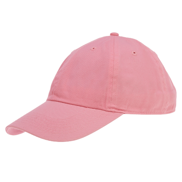 A pink baseball cap sits tilted slightly to one side this casual headwear is designed to provide shade and style often used in outdoor settings or sports activities.