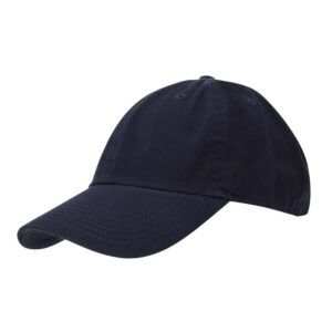 A navy blue baseball cap sits tilted slightly with a curved brim showing its fabric texture and stitching against a plain white background.