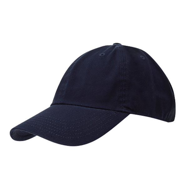A navy baseball cap rests on a flat surface showcasing its curved brim and stitched detailing in a simple  uncluttered environment with a black background.