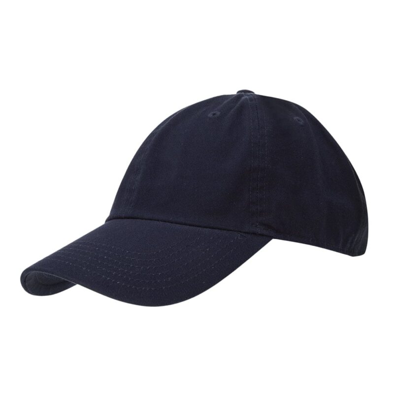 A navy blue baseball cap sits tilted slightly with a curved brim showing its fabric texture and stitching against a plain white background.