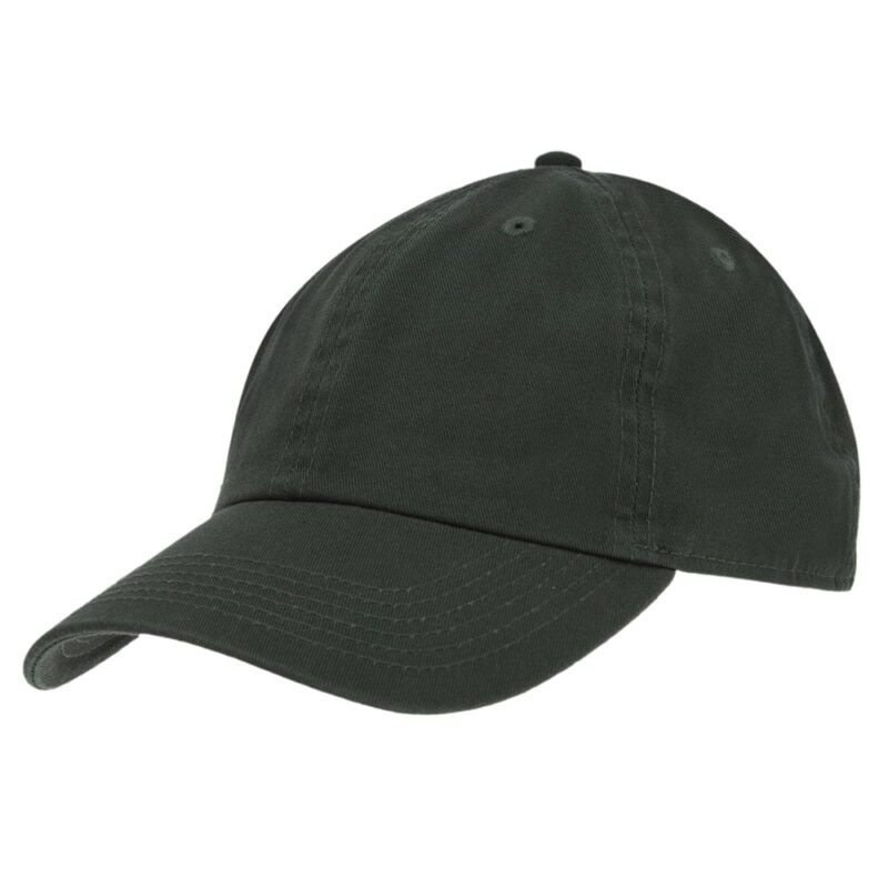 HT0003_3425_01 A green baseball cap rests tilted slightly to one side showcasing its curved brim and stitched detailing in a neutral uncluttered setting suitable for casual wear or outdoor activities.