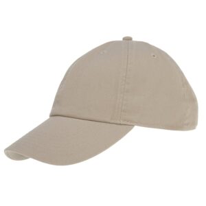 A beige baseball cap rests with its visor extended forward displaying a simple and casual design in a neutral color suitable for various outdoor settings.