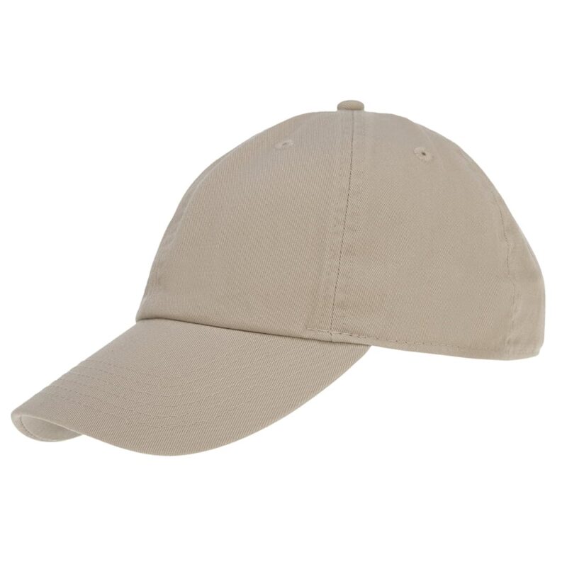 A beige baseball cap rests with its visor extended forward displaying a simple and casual design in a neutral color suitable for various outdoor settings.