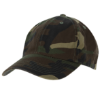 A camouflage baseball cap is displayed at an angle showcasing its fabric pattern and stitching details emphasizing its military-style design in a neutral background.