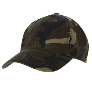 A camouflage baseball cap is displayed at an angle showcasing its fabric pattern and stitching details emphasizing its military-style design in a neutral background.