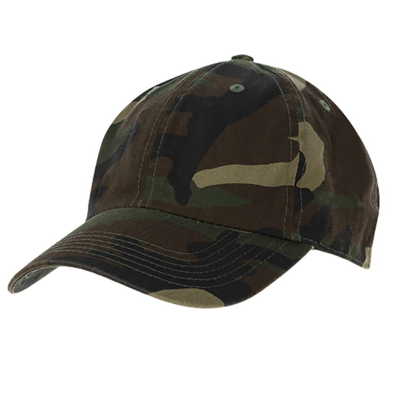 A camouflage baseball cap is displayed at an angle showcasing its fabric pattern and stitching details emphasizing its military-style design in a neutral background.