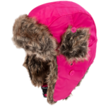 A vibrant pink fur-lined hat is displayed tilted to one side showcasing its soft material and button closures making it suitable for cold weather environments.