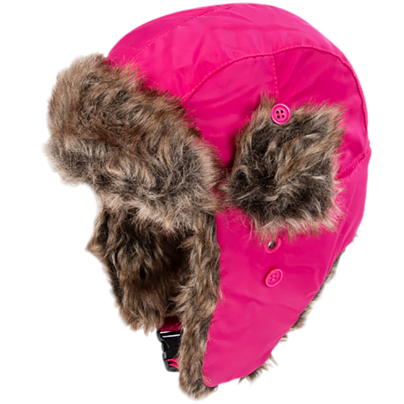A vibrant pink fur-lined hat is displayed tilted to one side showcasing its soft material and button closures making it suitable for cold weather environments.