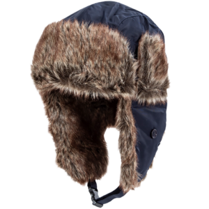 A dark blue fur-lined hat is positioned at an angle with its flaps down showcasing soft brown fur in a contrasting backdrop highlighting its shape and texture.