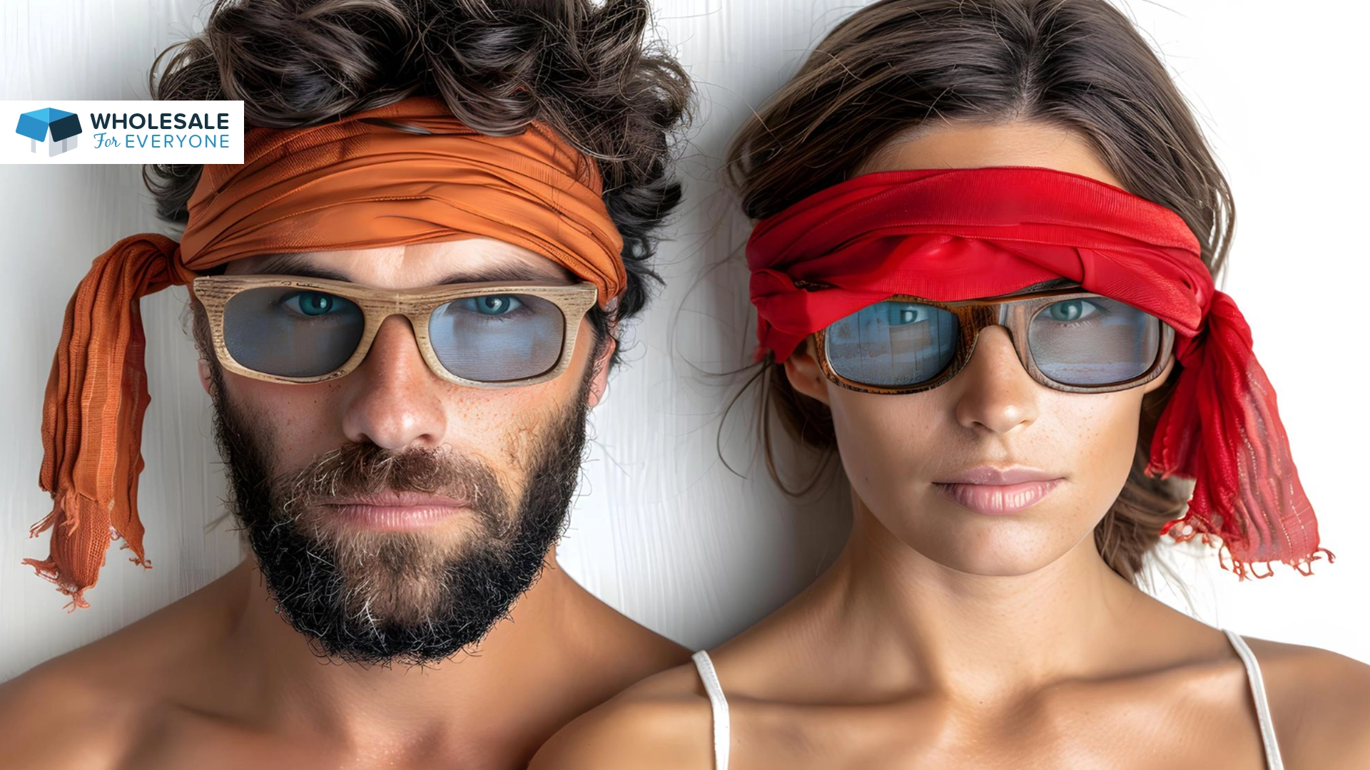 The photo shows a couple wearing shades and bandana on their heads.