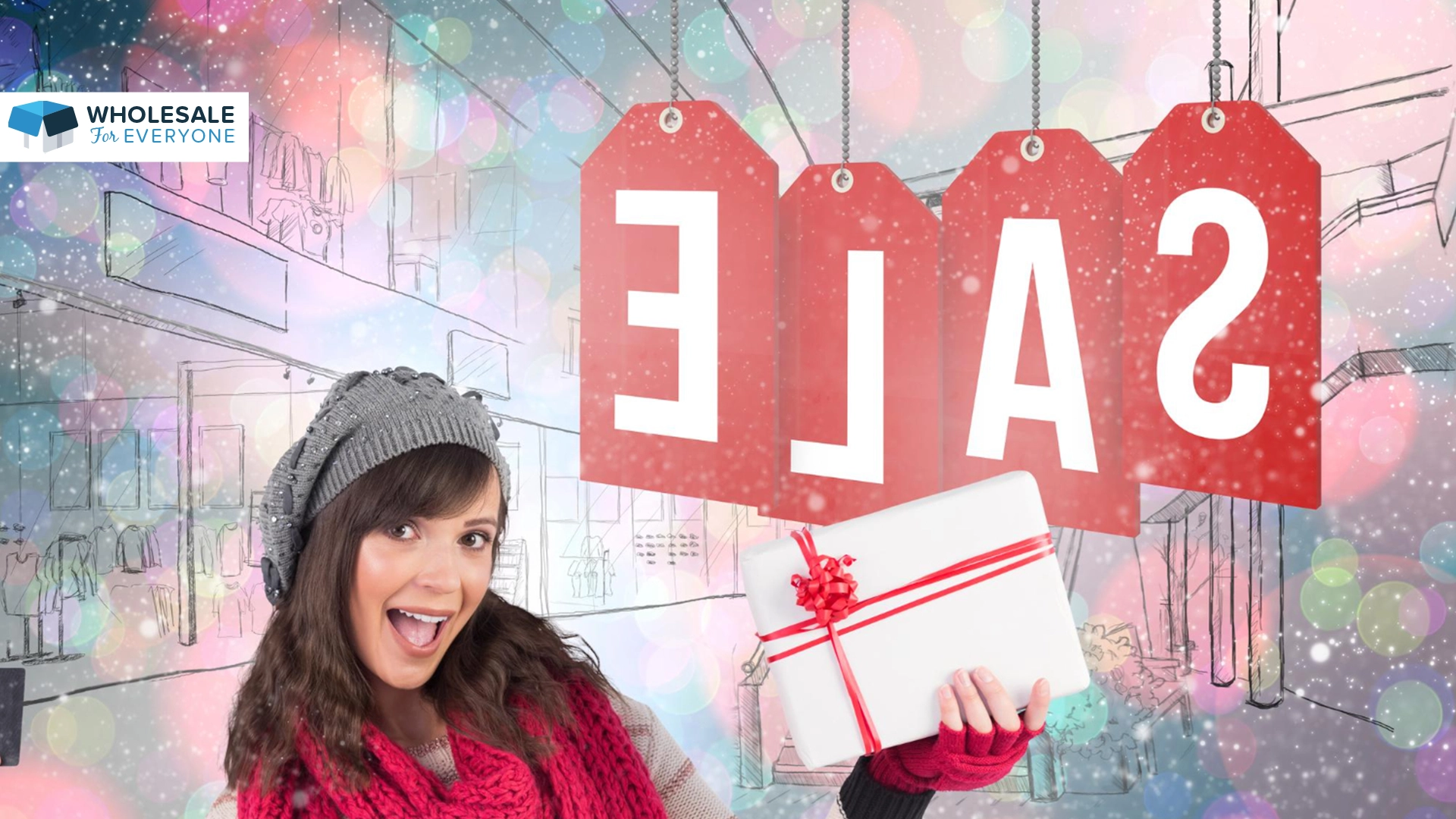 The photo shows a lady holding a gift with a sale banner behind her.