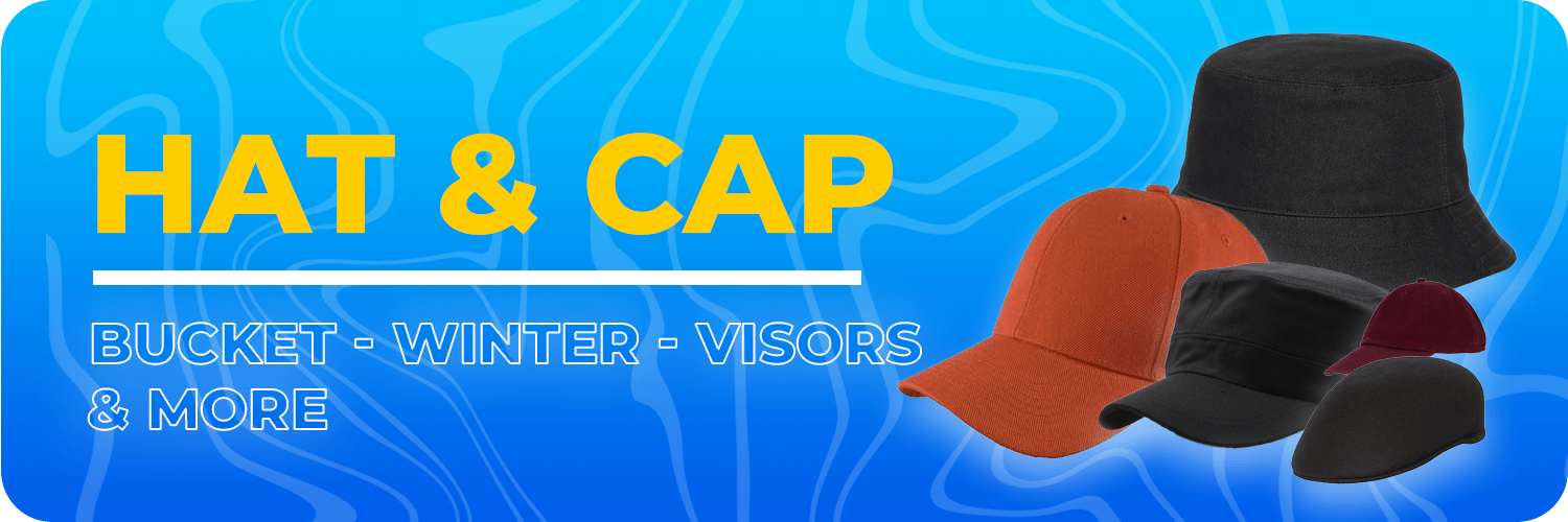 Colorful hats and caps are displayed prominently against a blue wavy background showcasing various styles including bucket winter and visor options with text highlighting hat and cap categories