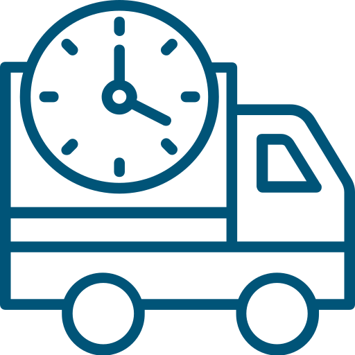 A blue outlined truck is carrying a large clock on its back while moving forward suggesting timely delivery or urgency in transport within a simple and clean graphic design.