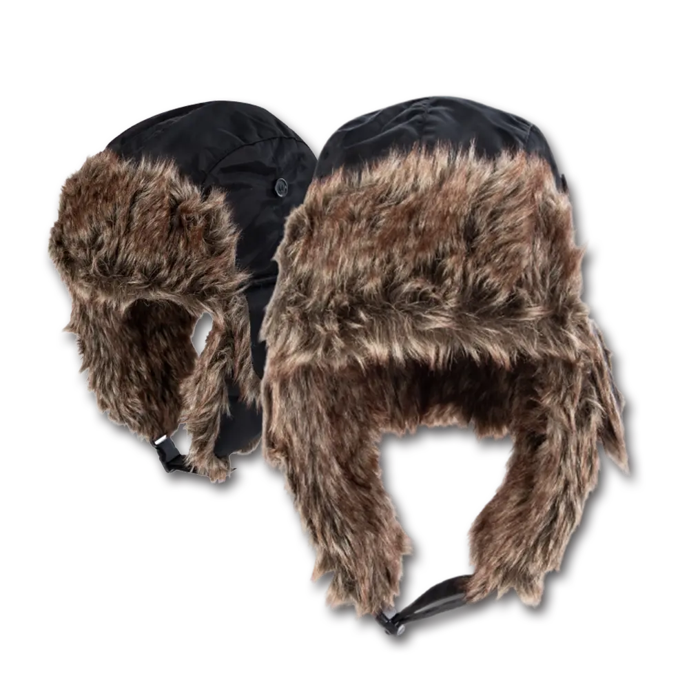 Black Trapper Hat Faux Fur Heavy Duty Nylon - Waterproof - Imported - Black, 72pcs - Case