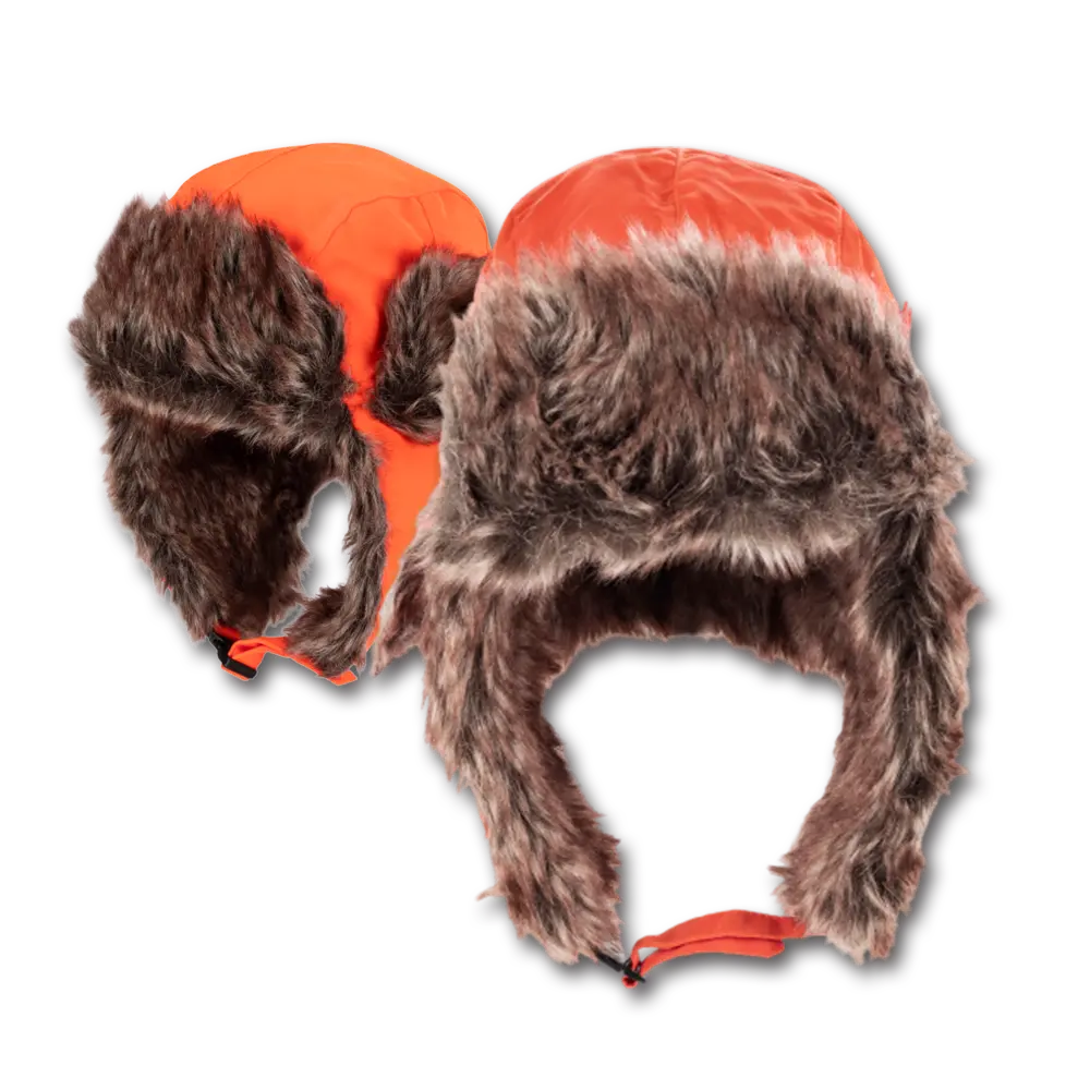 12pcs Blaze Orange Trapper Hat Faux Fur - Heavy Duty Nylon - Waterproof - Imported - Blaze Orange, 12 pieces