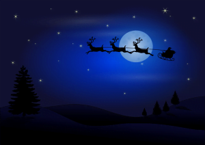 Santa Clause riding his sled over the night sky.