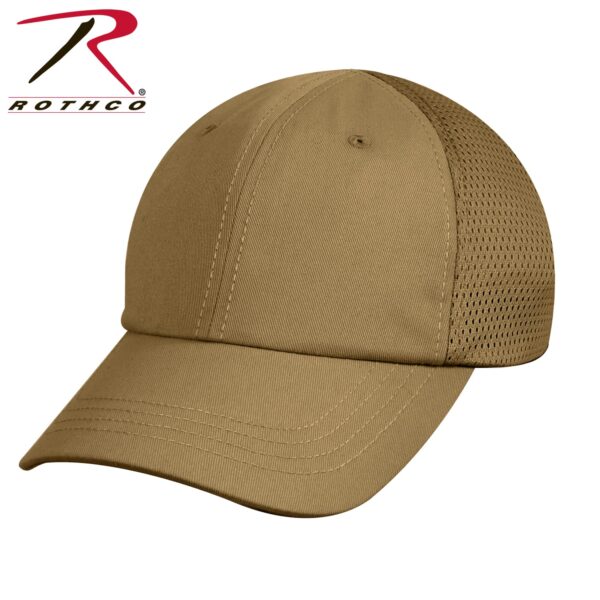 A tan cap with a curved brim and mesh panels is displayed at an angle showcasing its design and shape in a neutral background. The brand logo is present in the corner.