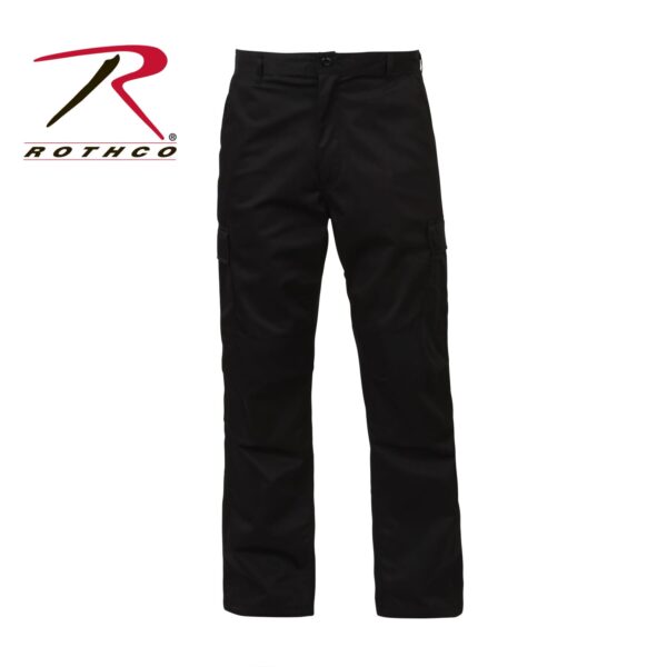Black cargo pants are displayed prominently with two side pockets and a button closure featuring the Rothco logo on the upper left corner against a white background
