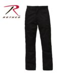 Black cargo pants are displayed in a straight-leg design featuring multiple side pockets and a button closure in a plain white background conveying a functional and versatile style. Rothco logo is visible.