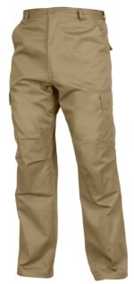 Khaki cargo pants are displayed standing upright featuring side pockets and a buttoned waistband in a neutral beige color suitable for casual or work environments.