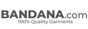 A logo for BANDANA.com features the text in a bold font with a tagline 100% Quality Garments below it set against a plain background emphasizing the brand's focus on quality clothing.