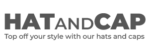 Text displays the brand name HAT and CAP along with the tagline Top off your style with our hats and caps in a bold modern font against a light background.