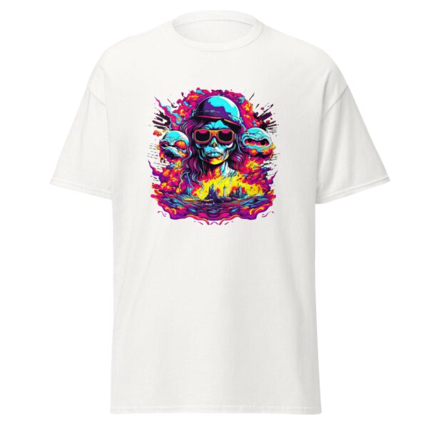 A white t-shirt features a vivid graphic of a skull wearing sunglasses and a helmet surrounded by colorful explosions and skulls set against a chaotic background.