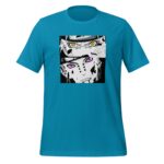 A turquoise t-shirt features a graphic design displaying two stylized faces in a box format with distinct yellow and purple eyes against a black and white background.